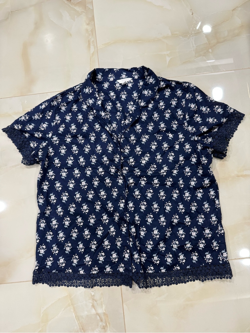 Charter Club Navy Blue Floral Button-Up Top